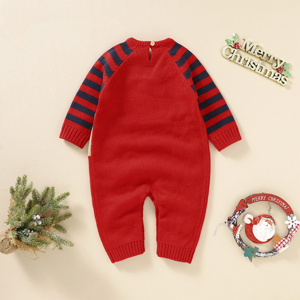 Baby Cartoon Elk Graphic Side Striped Sleeve Knitted Romper