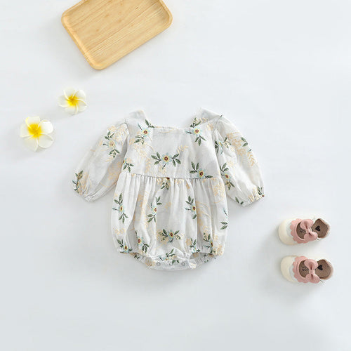 Baby Girl Floral Embroidered Pattern Square Collar Bodysuit