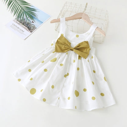 Baby Girls Polka Dot Pattern Sleeveless Round Collar Dress With Bow