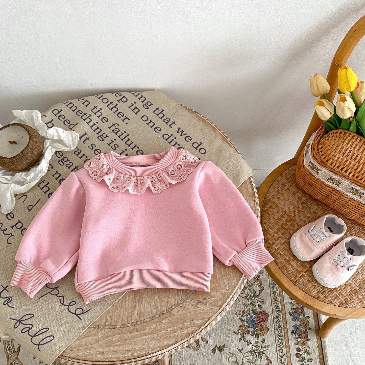 Sweet and Versatile Two-Piece Set: Round Neck Lace Trimmed Fleece Top