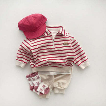 Baby Cute Bear Embroidered & Striped Pattern Polo Neck Cotton Hoodies