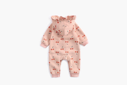 Baby Girl Allover Cherry Print Ruffle Design Single Breasted Romper