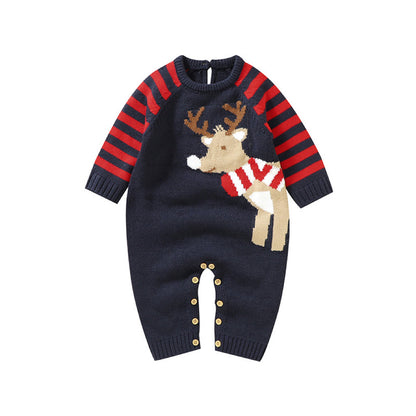 Baby Cartoon Elk Graphic Side Striped Sleeve Knitted Romper