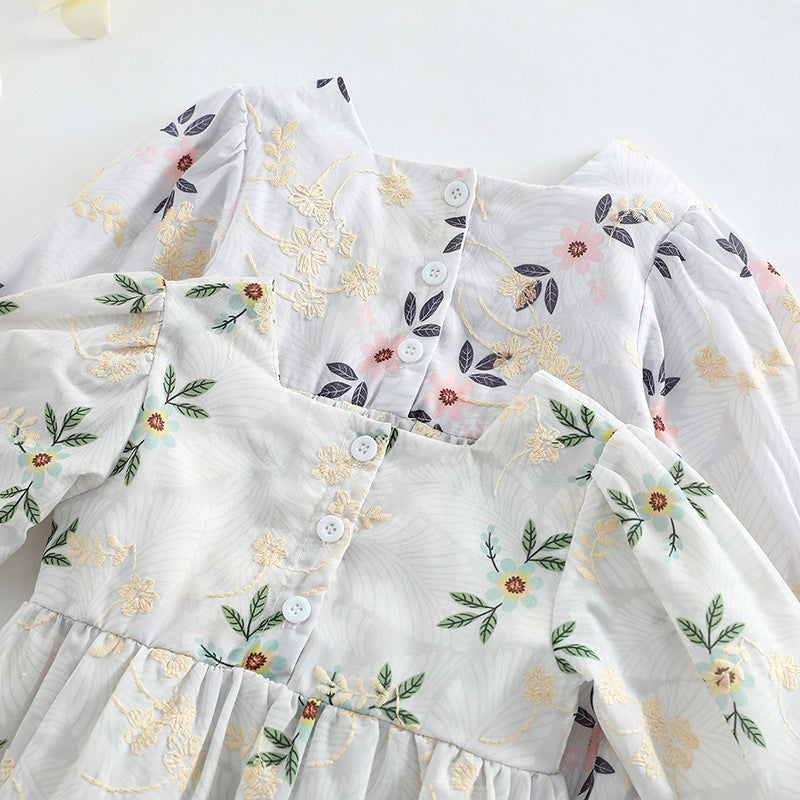 Baby Girl Floral Embroidered Pattern Square Collar Bodysuit