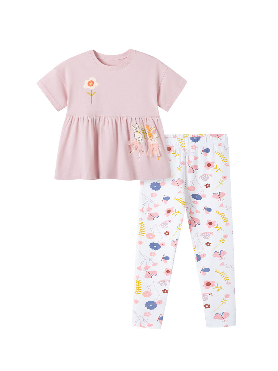 Summer Baby Kids Cartoon and Floral Pattern T-shirt and Pants 2-Piece