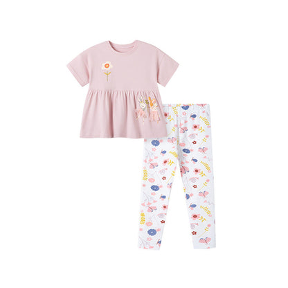 Summer Baby Kids Cartoon and Floral Pattern T-shirt and Pants 2-Piece