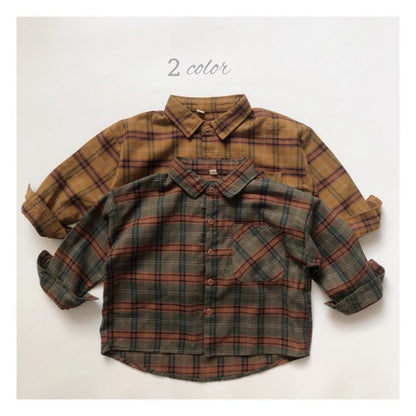 Baby Plaid Pattern Vintage Style Lapel Design Shirt