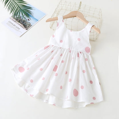 Baby Girls Polka Dot Pattern Sleeveless Round Collar Dress With Bow