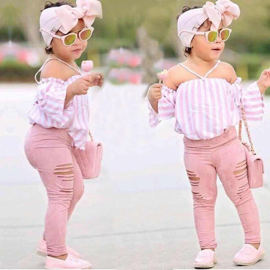 Girls Clothing Sets Summer Baby Kids Girls Off-shoulder Shirt Stripe